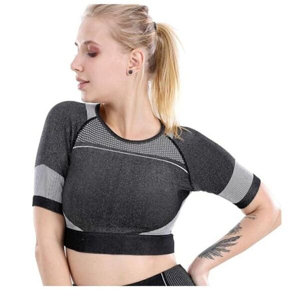 Workout Crop Top for Women, Seamless Tank Top Black/Grey Size Small - Picture 2 of 5